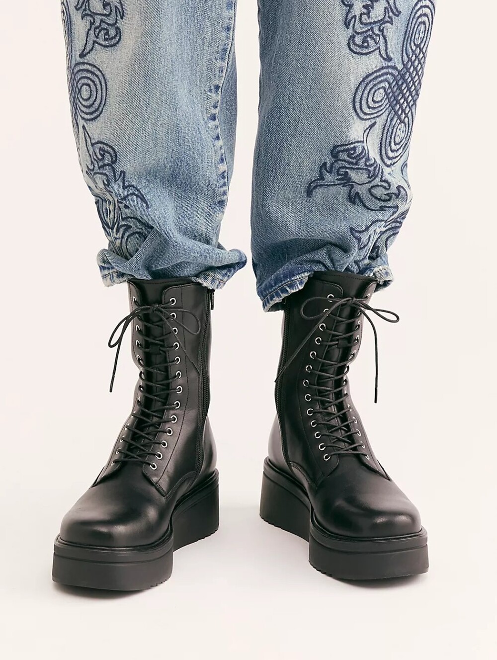 NWT Free People Vagabond Tara Lace Up Boots in Black Leather